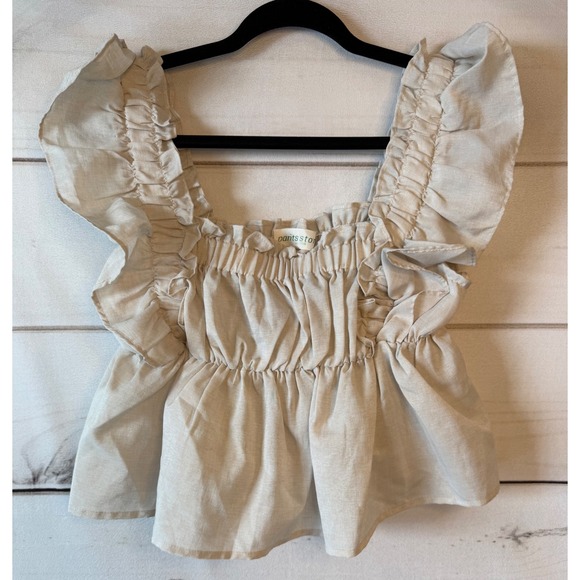 Pants Store Tops - Pants Store Ruffle Shoulder Smocked Peplum Top Beige GT2805 Womens Medium